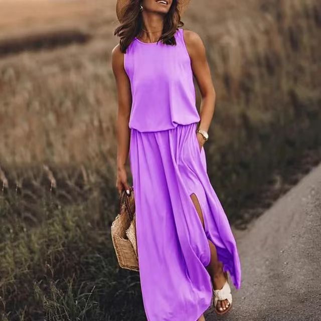 Solid Color Slit Dress