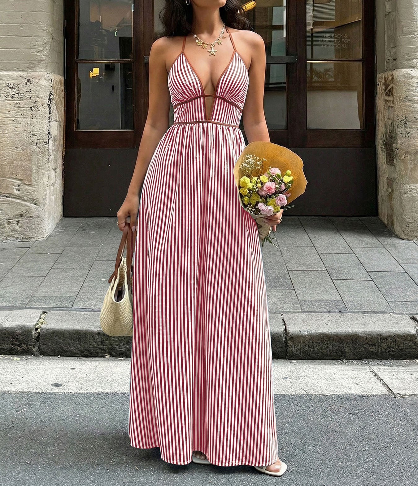 Stripe Deep V Neck Dress