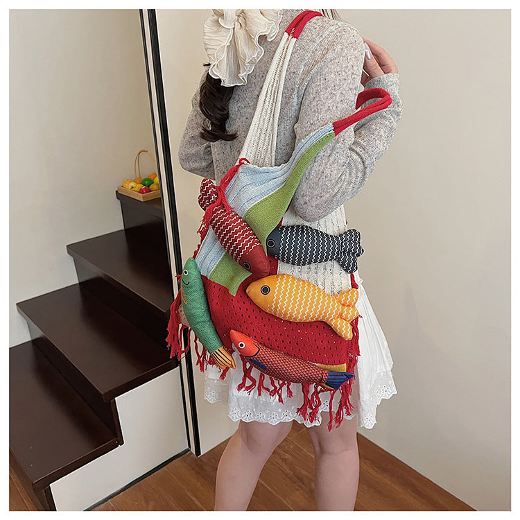 Tassel-trimmed Knitted Shoulder Bag