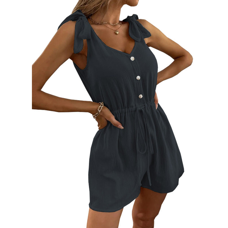 Front Buttons V Neck Romper