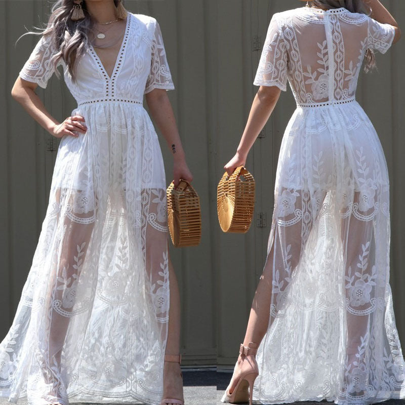 Lace See-Through Slit Maxi Dress