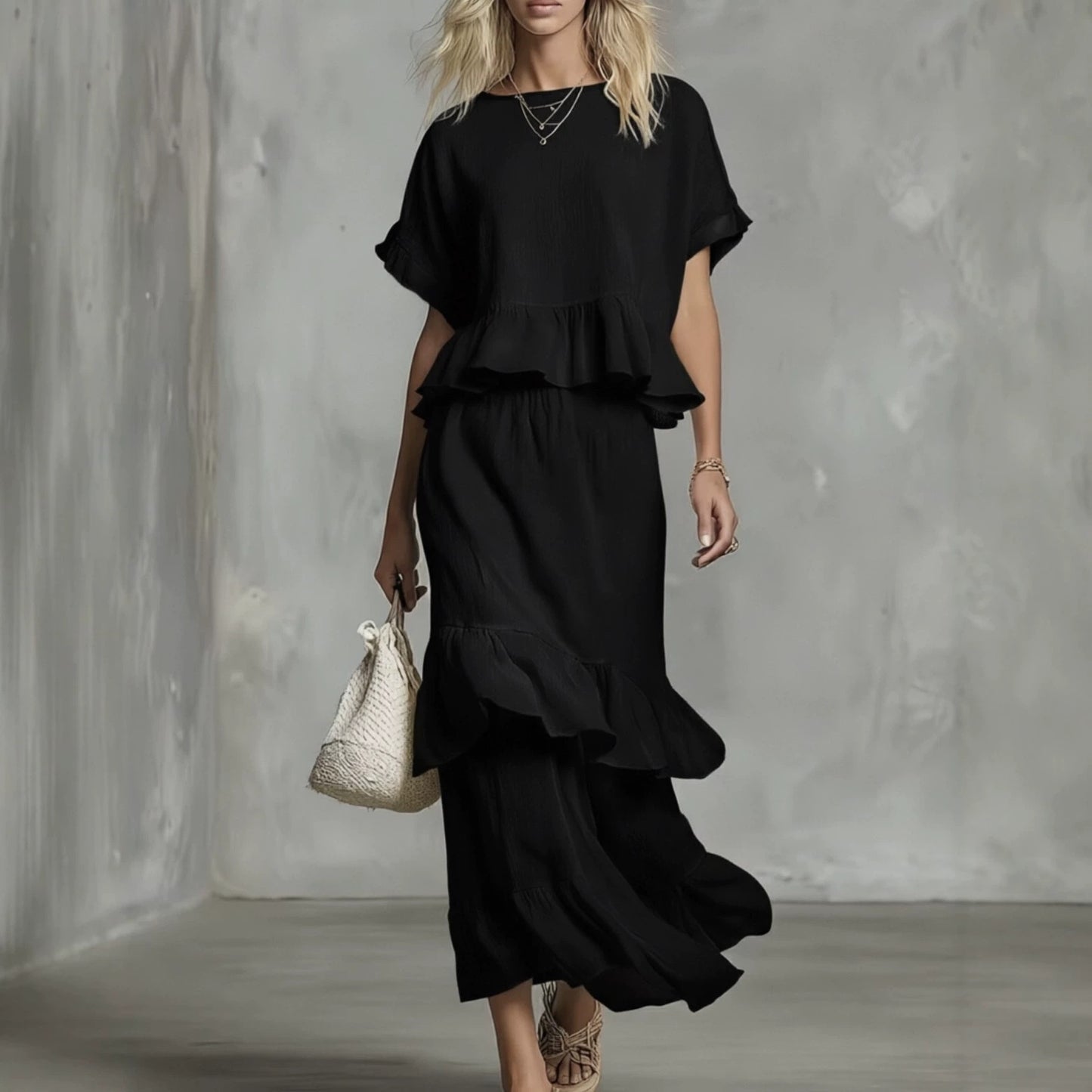 Two-piece Set Of Ruffled Top And Skirt