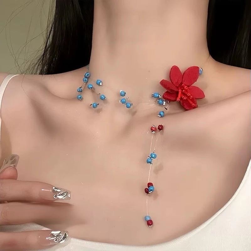 Blue Beaded Red Flower Tassel Necklace