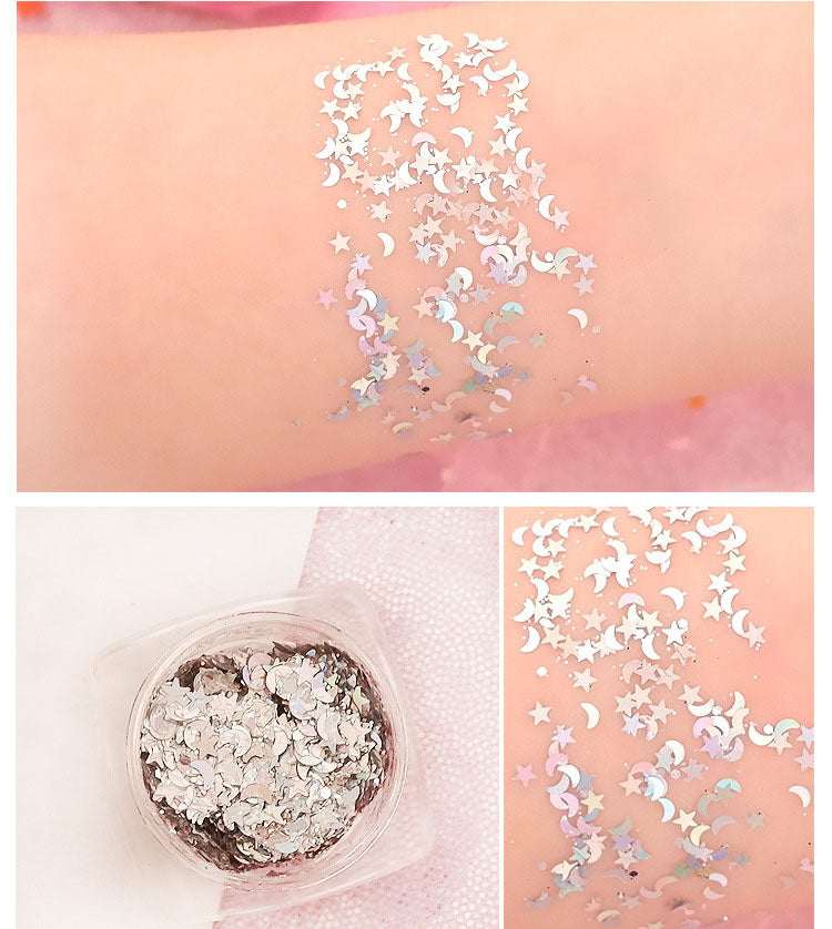 Star Moon Sequins glitter gel with iridescent silver stars and crescent moon shapes for face and body decoration