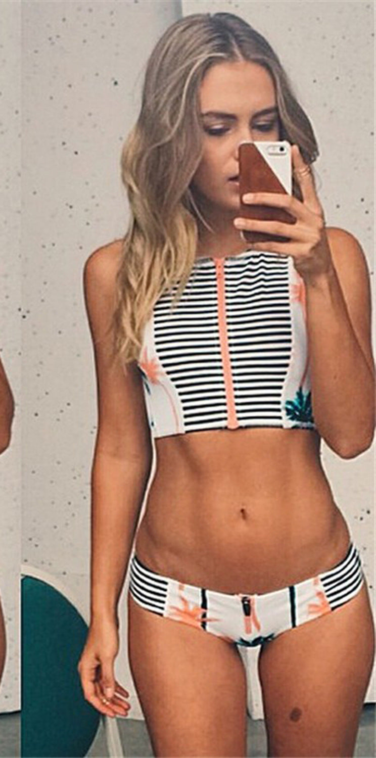 Stripe Zippered Bikini Sets