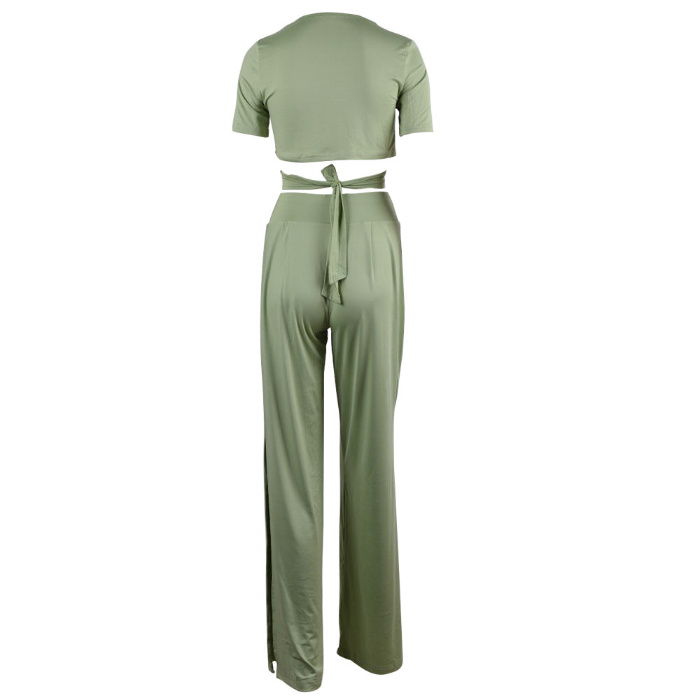Green Top And Slit Trousers Two Pieces Set