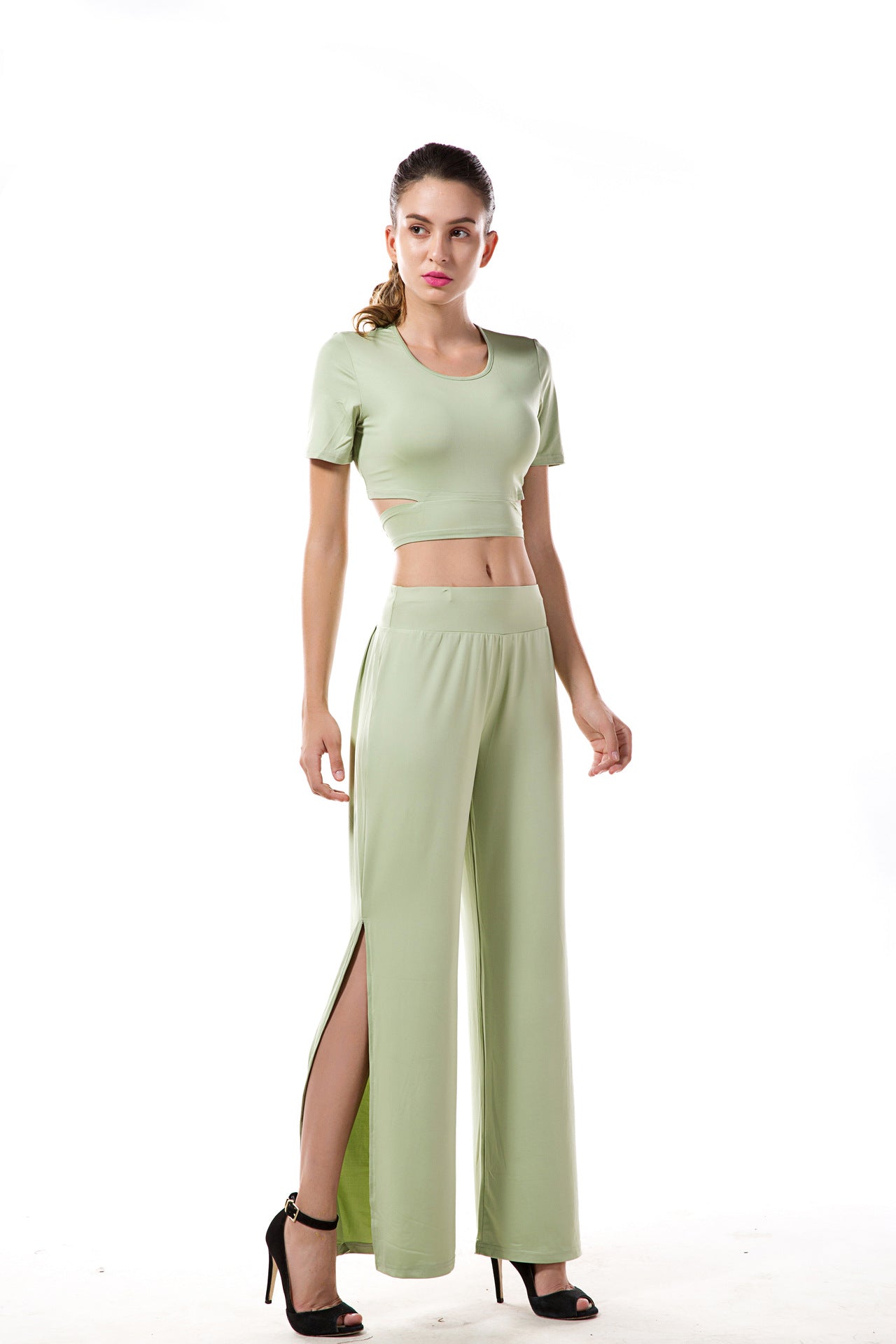 Green Top And Slit Trousers Two Pieces Set