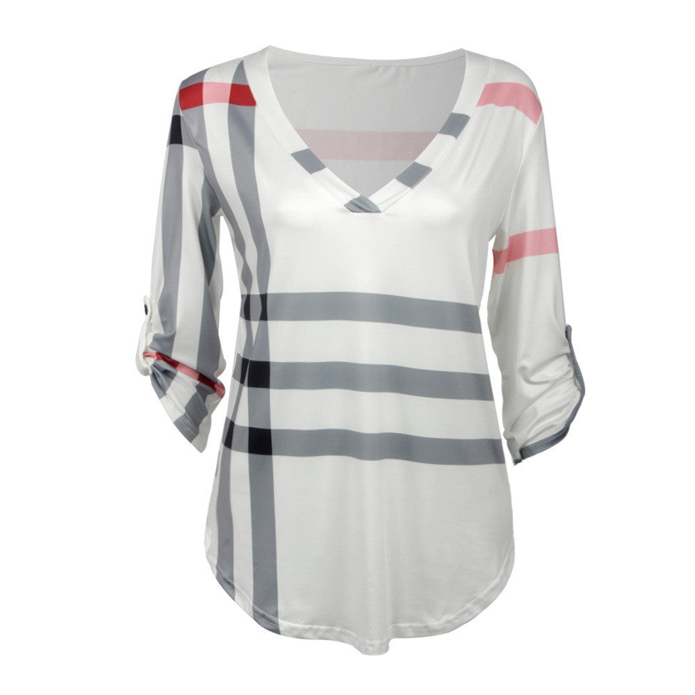 Checked Print Three Quarter Sleeve T-shirt