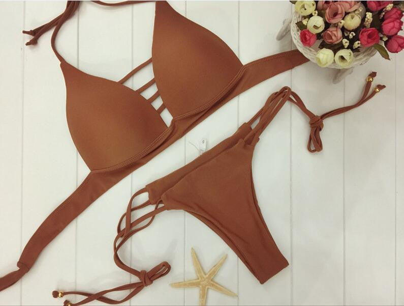 Solid Color Strappy Bikini Set