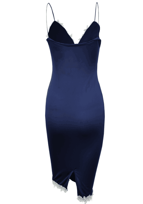 RomotiNevy Blue Spaghetti Strap Deep V-Neck Floral Bodycon Pencil Dress