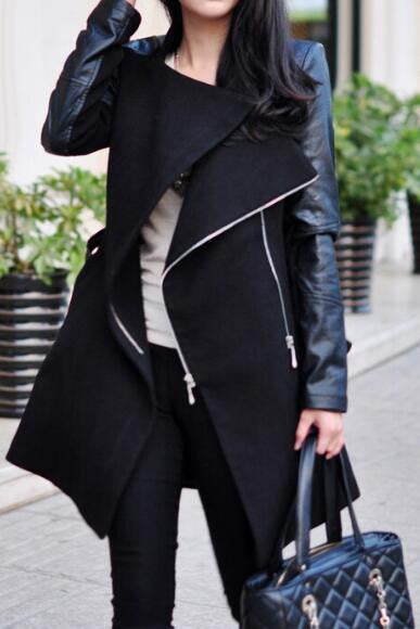 Romoti Cute Like You Leather Splicing Long Coat