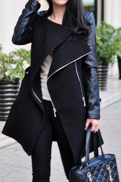 Romoti Cute Like You Leather Splicing Long Coat