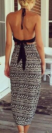 Romoti Halter Crop Top&Slit Skir Two Piece Maxi Dress