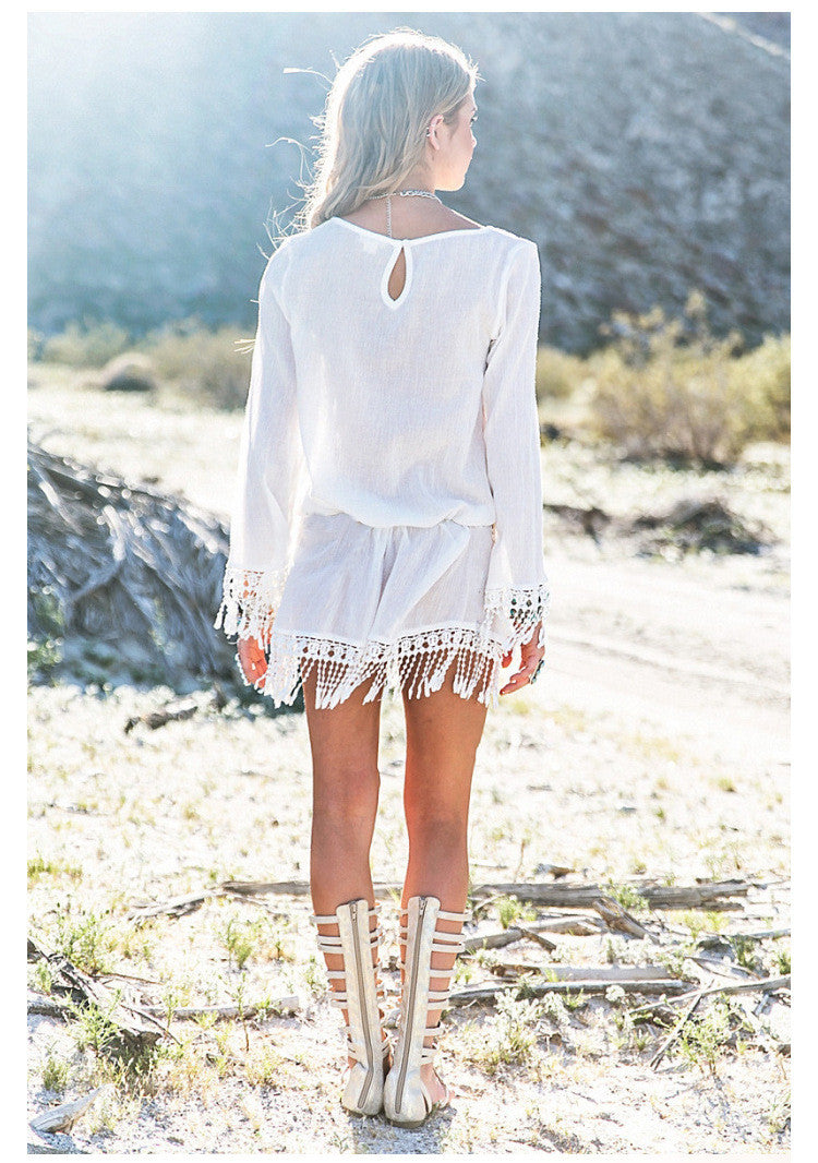 Romoti Tassel Long Sleeve White Dress