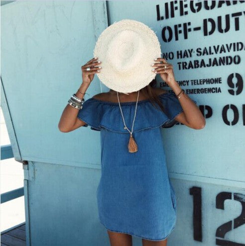 Romoti Winning Look Blue Denim Off The Shoulder Dress