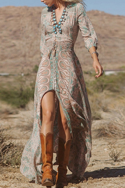 Vintage Printing Elastic Waist Slit Maxi Dress