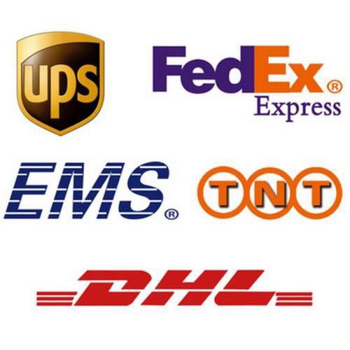 Express shipping logos featuring UPS, FedEx Express, EMS, TNT, and DHL in branded colours and typography