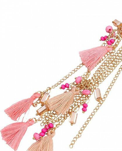 Pink Chain Stone Tassel Open Cuff Boho Necklace