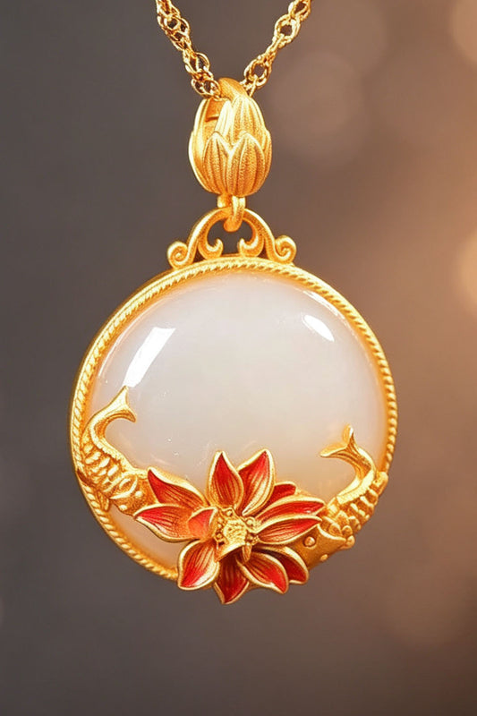 Hetian Jade Carp Lotus Sterling Silver Pendant