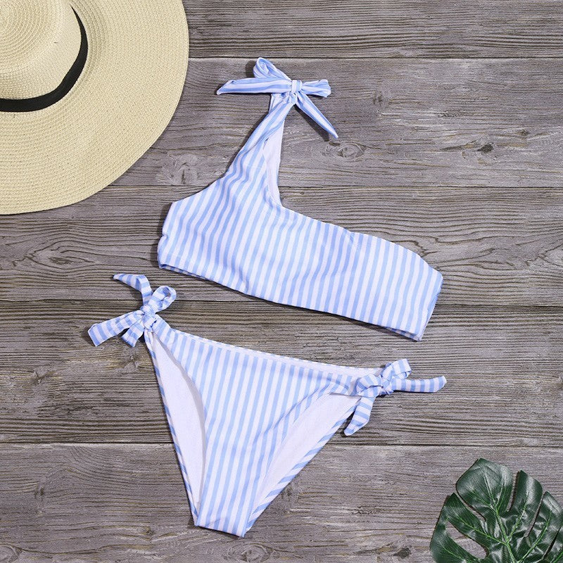 Stripe One Shoulder Bikini Set