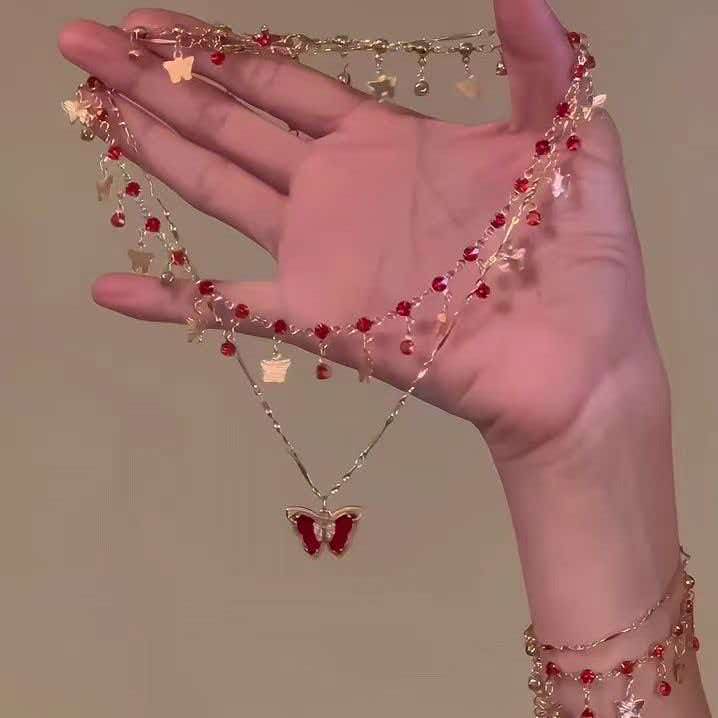 Red Multi-Layered Butterfly Collarbone Necklace