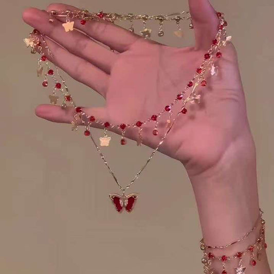 Red Multi-Layered Butterfly Collarbone Necklace