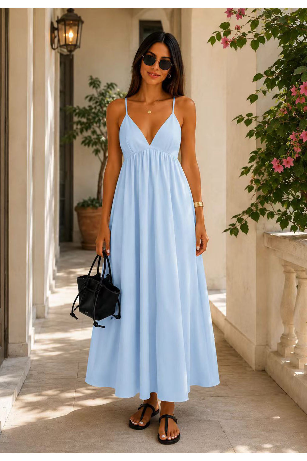 Deep V Neck Backless Maxi Dress