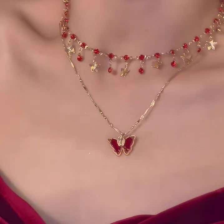 Red Multi-Layered Butterfly Collarbone Necklace
