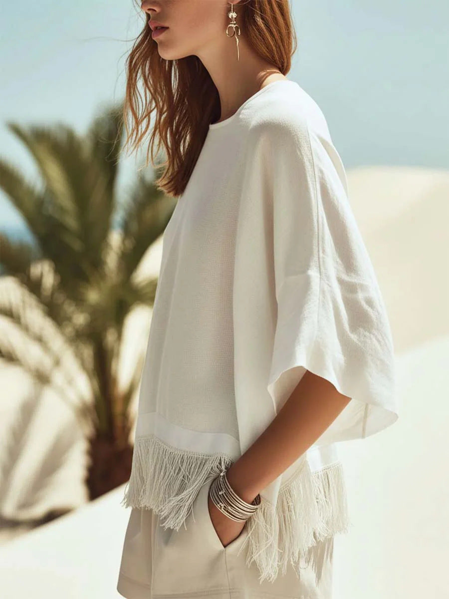 Solid Color Tassels  Hem Bat Sleeves Loose Top