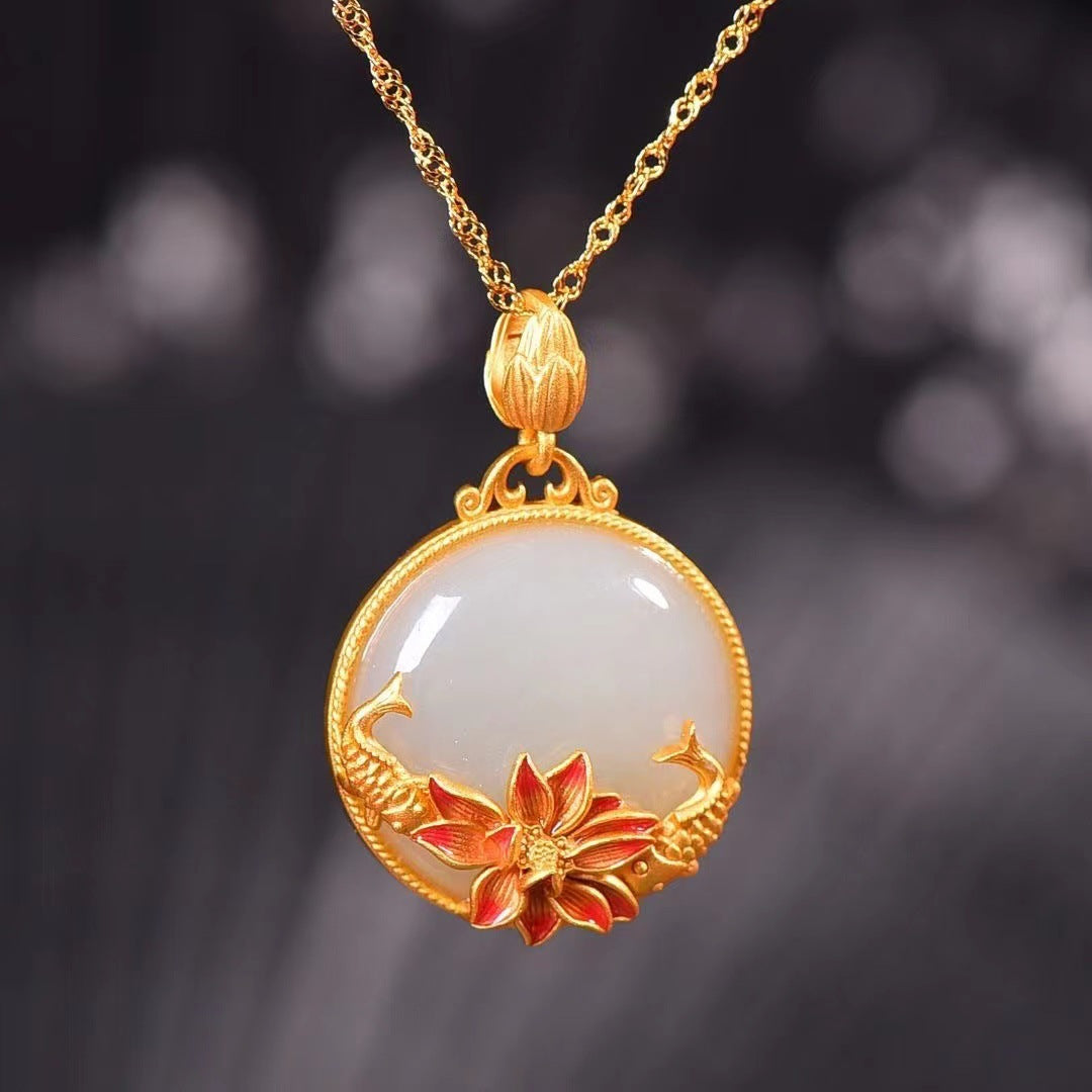 Hetian Jade Carp Lotus Sterling Silver Pendant