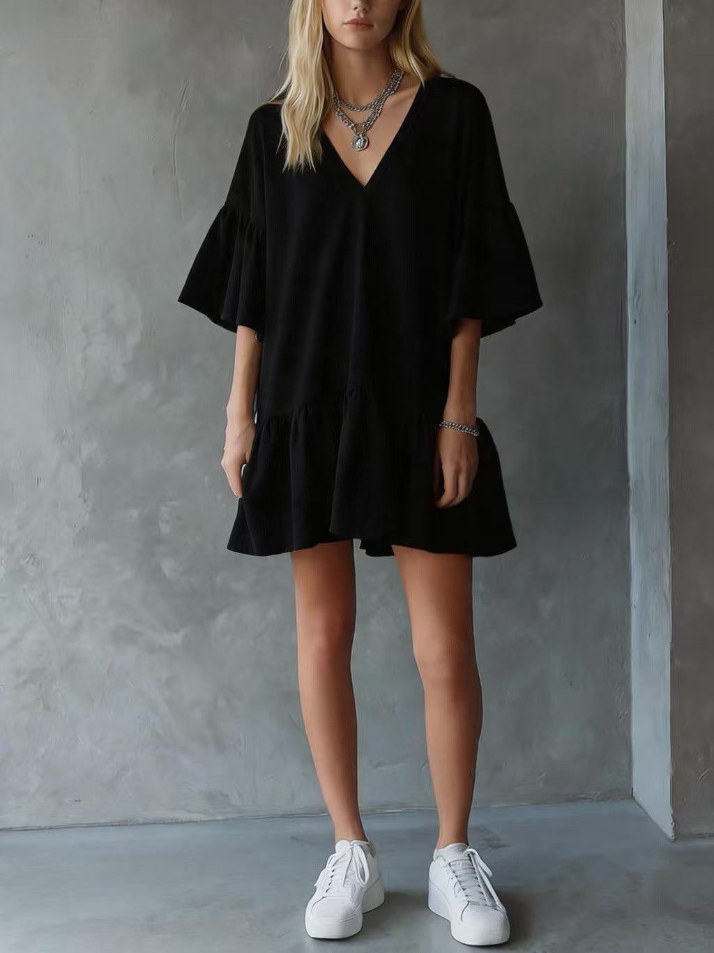 Ruffled V-neck Dress