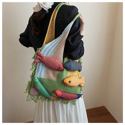 Tassel-trimmed Knitted Shoulder Bag