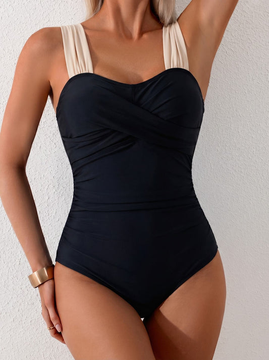 Cross Pleated One Piece Swimsuit