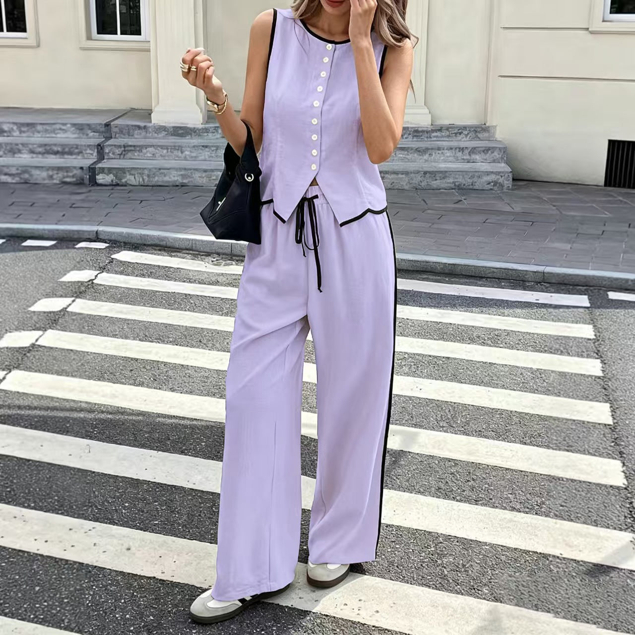 Sleeveless Front Buttons Top And Drawstring Trousers