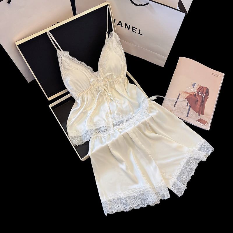 V Neck Lace Splice Sleepwear