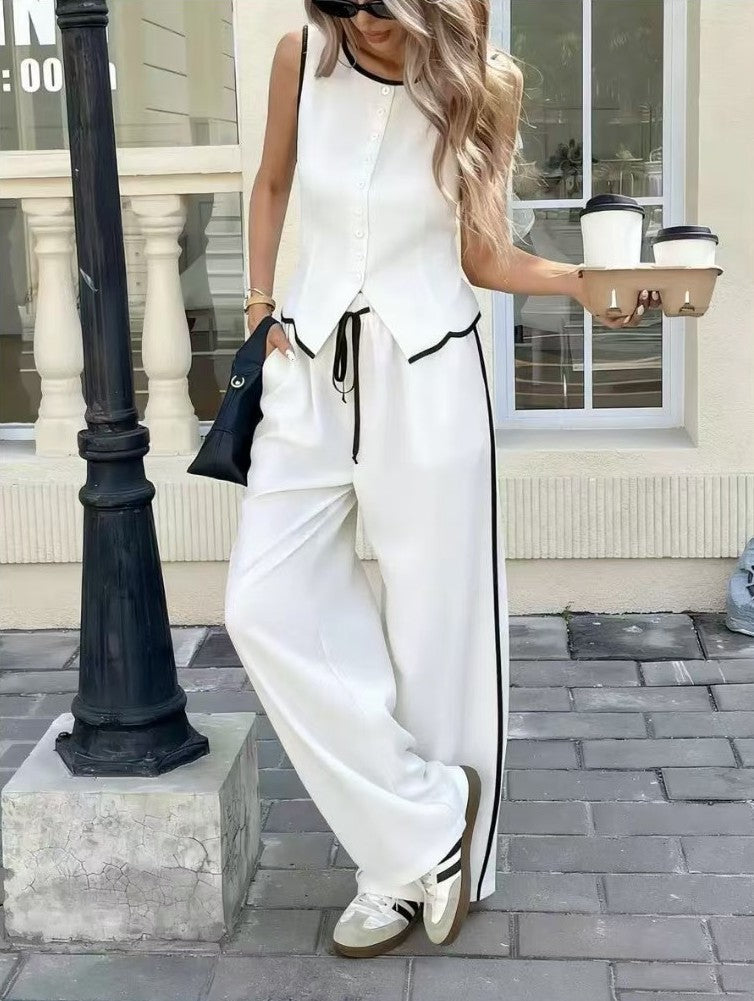 Sleeveless Front Buttons Top And Drawstring Trousers