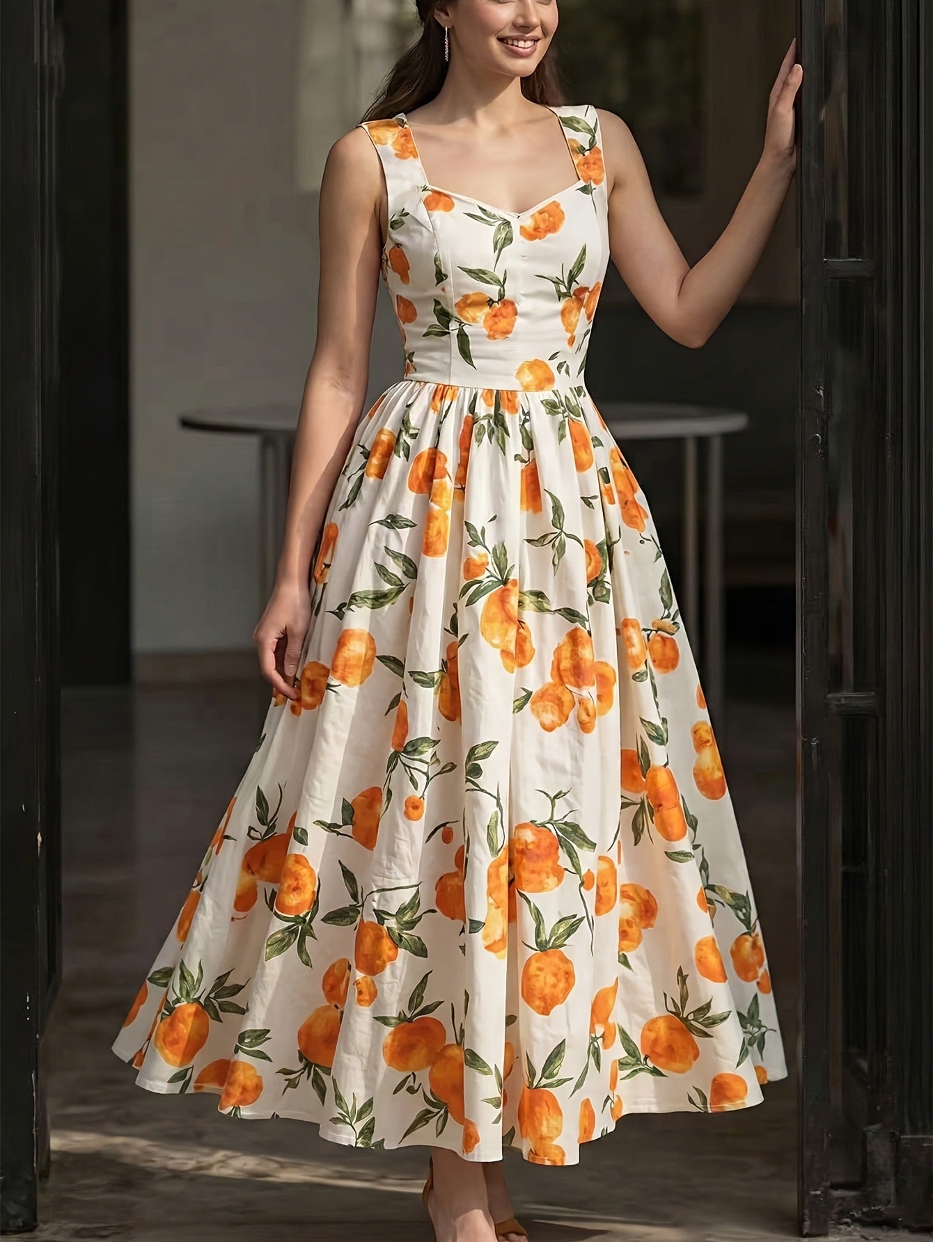 Peach Pattern Sleeveless Maxi Dress