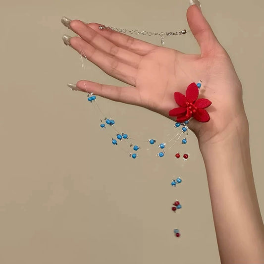 Blue Beaded Red Flower Tassel Necklace