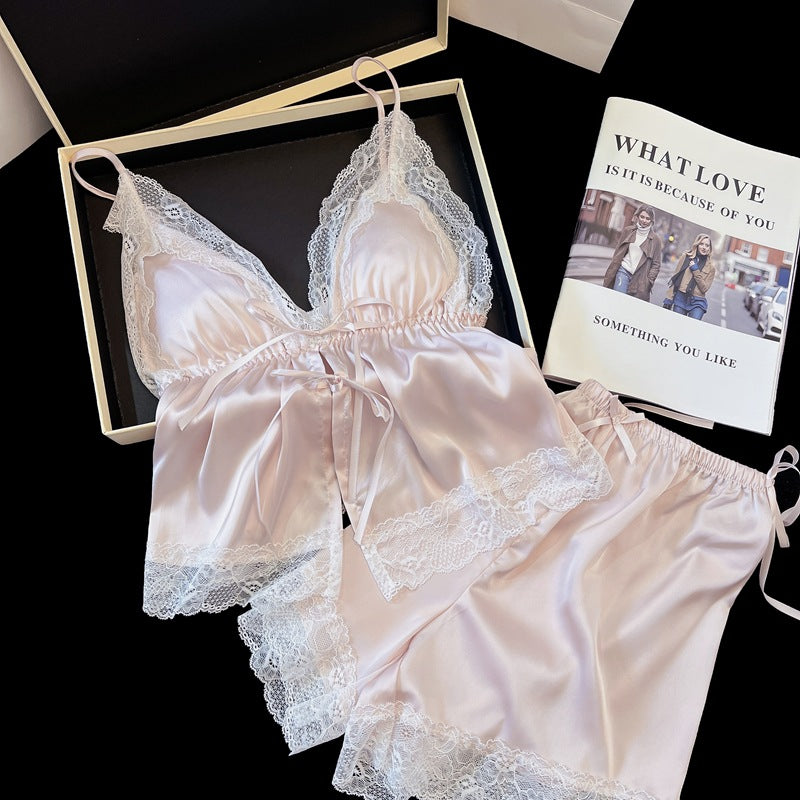 V Neck Lace Splice Sleepwear