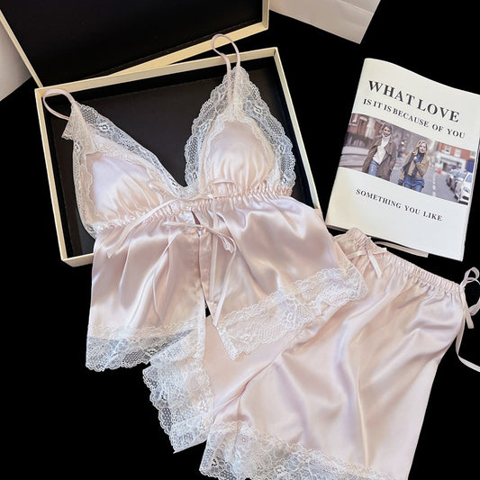 V Neck Lace Splice Sleepwear