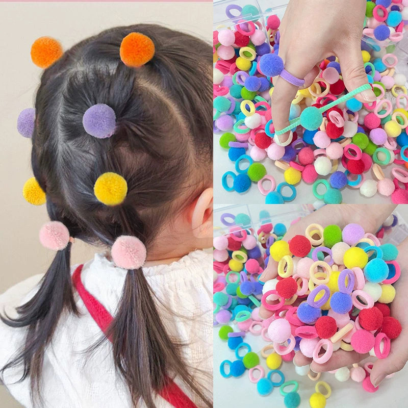Kindergarten Girl's Colorful Pom-pom Hair Tie