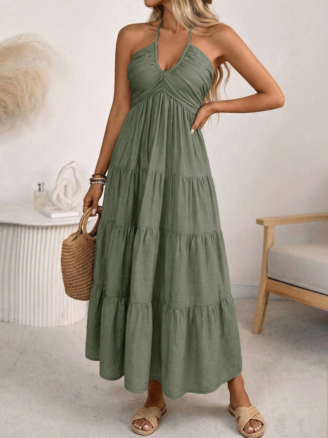 Solid-Color Halter Neck Dress