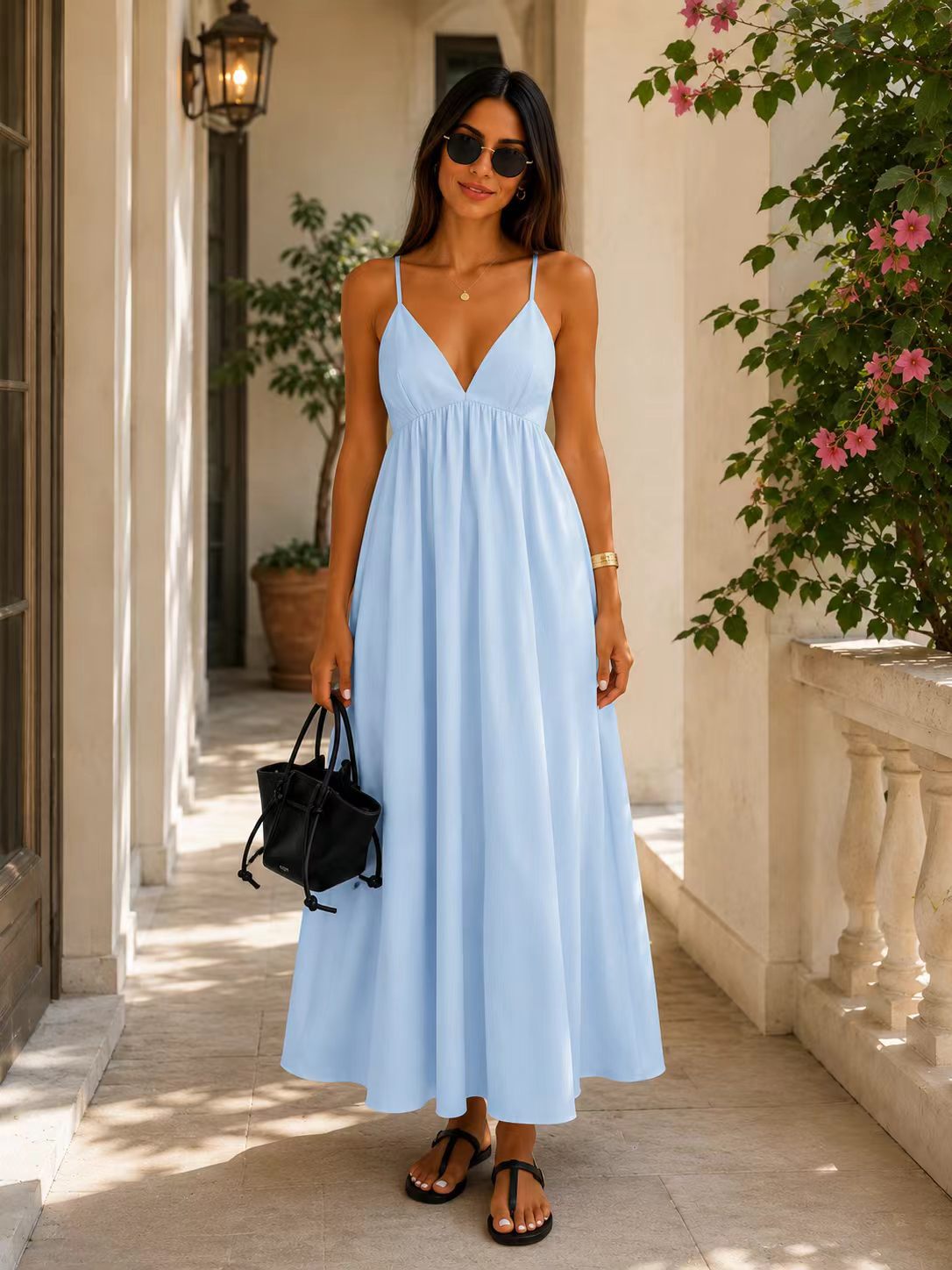 Deep V Neck Backless Maxi Dress