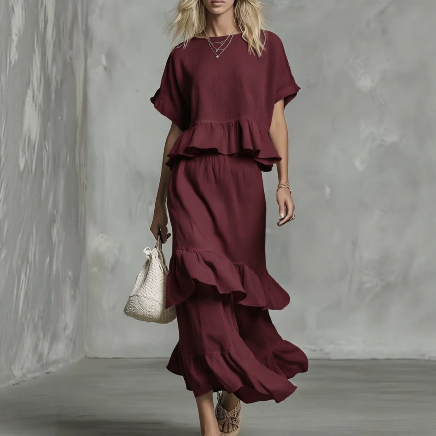 Two-piece Set Of Ruffled Top And Skirt