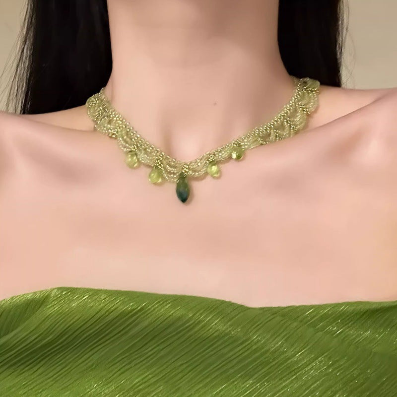 Green Lace Beaded Collarbone Necklace