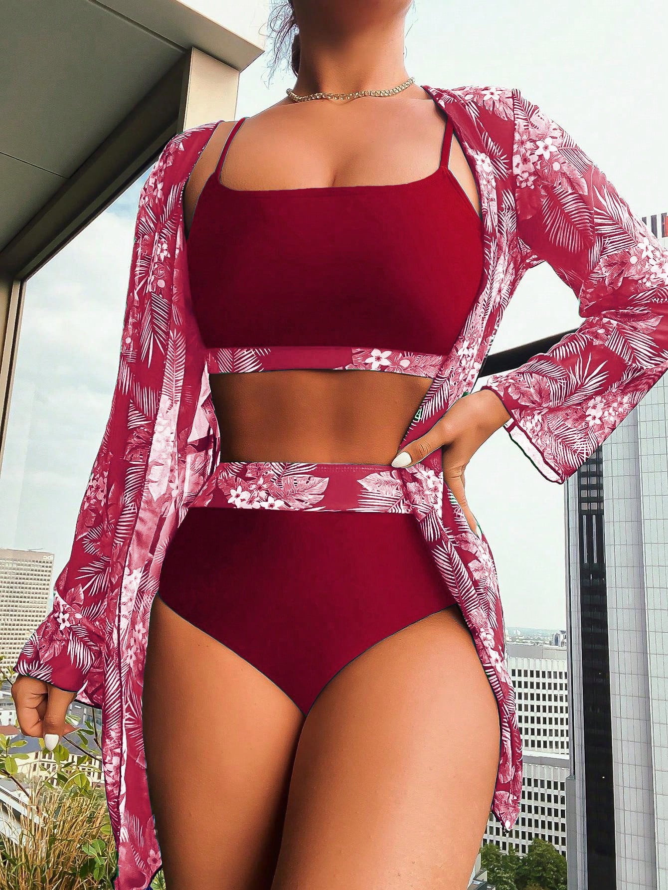 Maple Leaves Print three Pieces Bikini Set