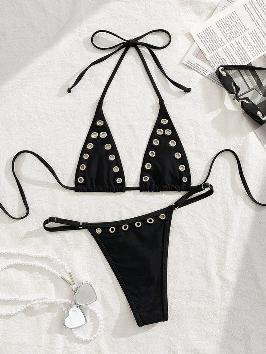 Metal Ring Halter Neck Bikini Set