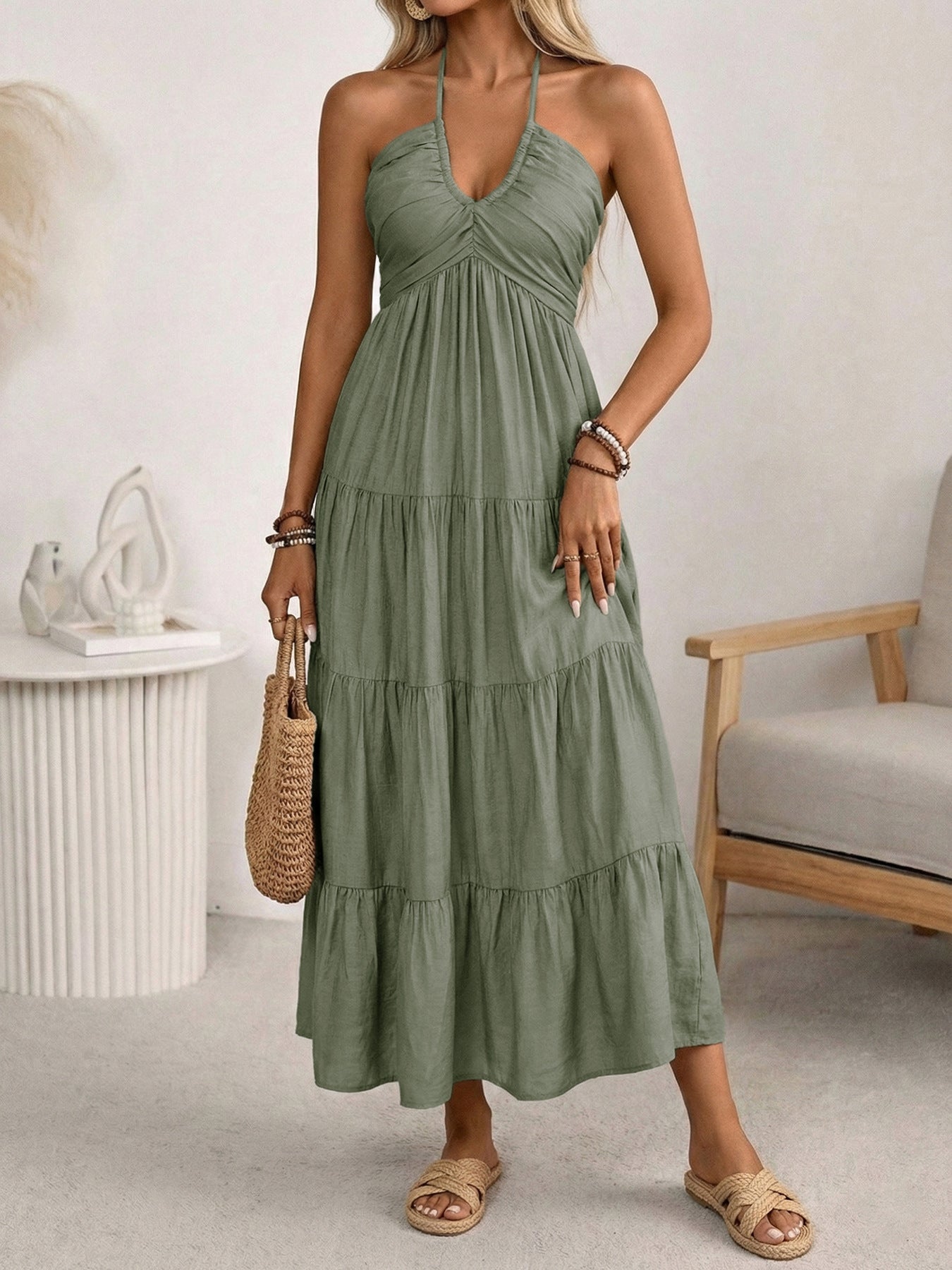 Solid-Color Halter Neck Dress