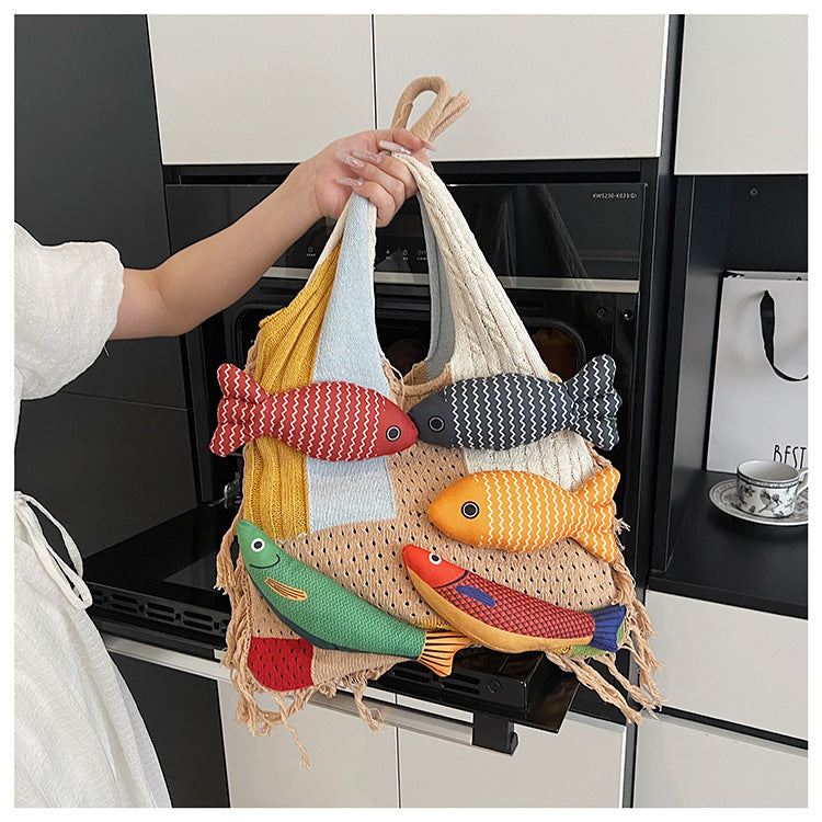 Tassel-trimmed Knitted Shoulder Bag