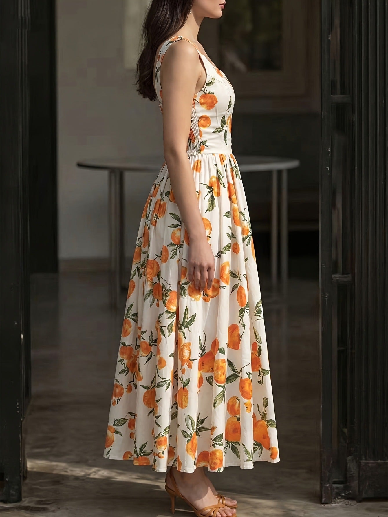 Peach Pattern Sleeveless Maxi Dress